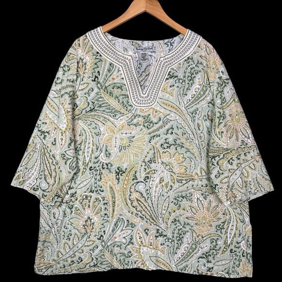 Cambridge Dry Goods Womens Tunic Top Plus Sz 3XL‎ Green Paisley Linen Blend - Picture 2 of 13